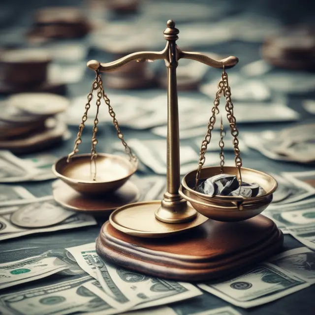 Two scales with operational costs (boxes) on one side and interest revenues (coins) on the other, representing noninterest expense calculations