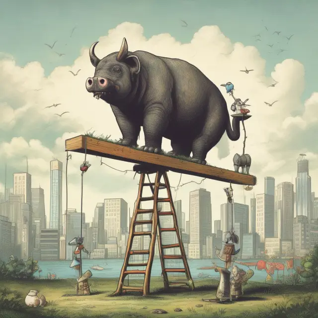 Regulators, represented as ancient statues, maintaining equilibrium between bank profits (interests) and noninterest expenses through effective regulations.