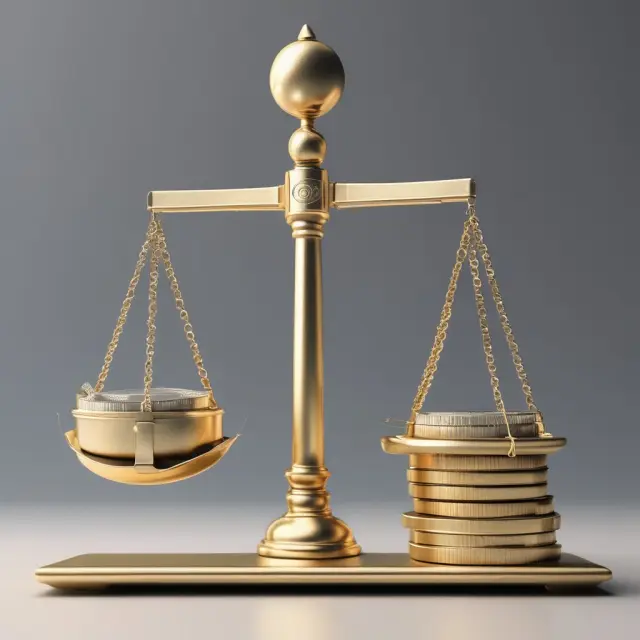 Scale balancing gold coins for interest income and silver pieces for non-interest income, signifying banking