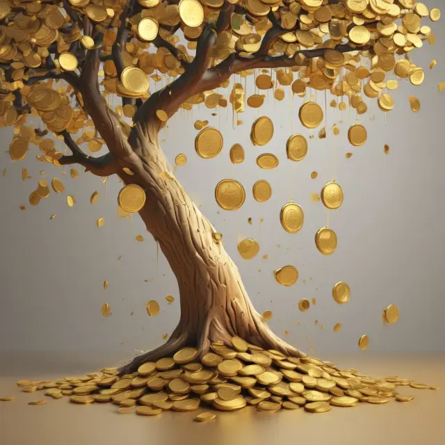 Image: Golden coins pouring out of a tree with various banking symbols attached. Alt text: Non-interest income - gold coins flowing from a tree symbolizing banking services.