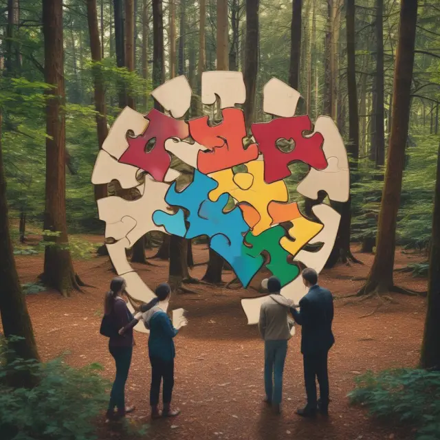 Two figures trading pieces of a jigsaw puzzle representing unique securities in an isolated clearing, emphasizing the privacy and risks of non-issuer transactions.
