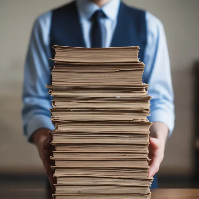 A person holding documents while standing before old, open books labeled 