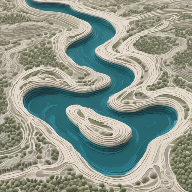 A winding river symbolizing nonlinear regression analysis with data points finding their place along the curve