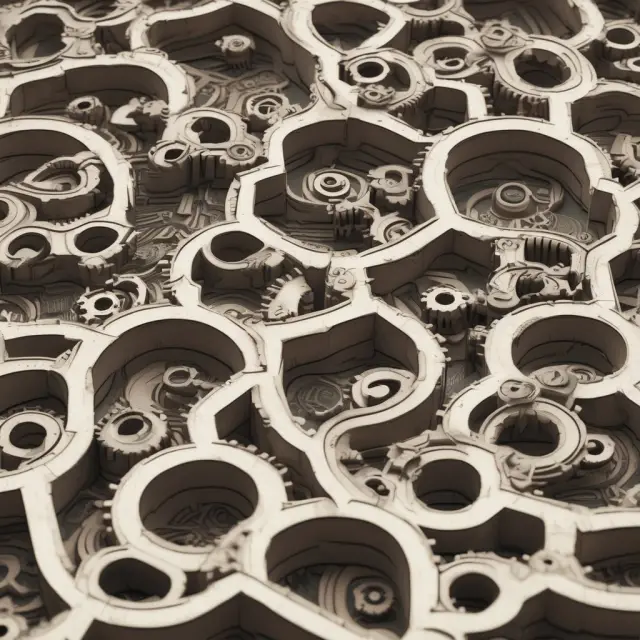 An image of a labyrinth made up of interconnected gears, symbolizing the complexity and nonlinearity of options, with labels for each Greek metric.