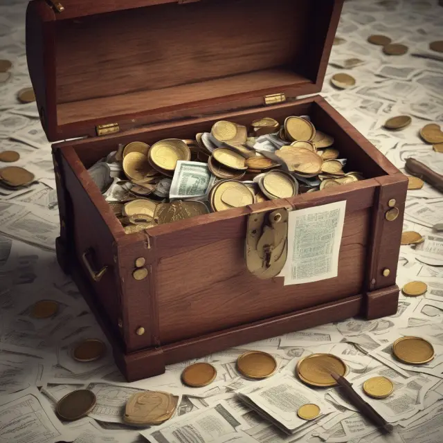 Treasure chest displaying a variety of non-operating assets: vacant land, stocks, patents, and gold coins. Diversifying a business
