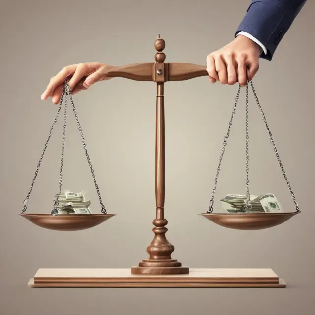 An entrepreneur deftly balances active hands representing nonpassive income against passive hands symbolizing passive income on a set of scales.