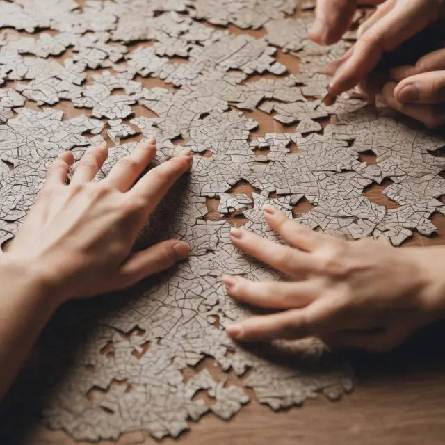 Hands assembling a jigsaw puzzle depicting various elements related to material participation tests.