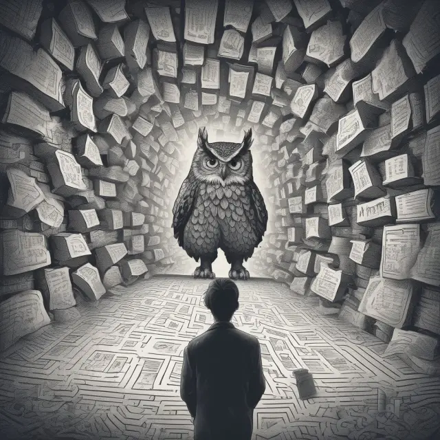A person holding a maze map examines financial documents with the help of an owl, symbolizing wisdom in understanding tax implications on nonpassive income and losses for institutional investors
