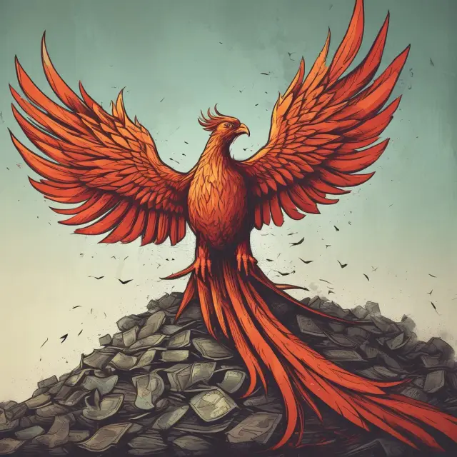Phoenix rising from a pile of distressed debt, representing the potential for recovery and renewal in the financial sector.