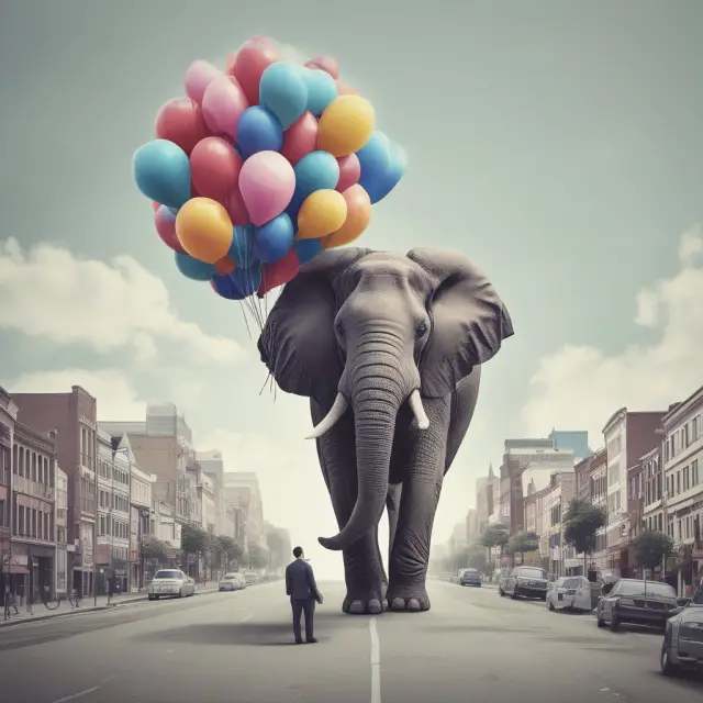 An elephant representing businesses struggles under the weight of commercial nonperforming loans, contrasted by a red balloon symbolizing smaller consumer nonperforming loans