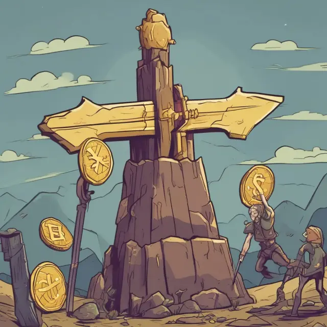 An investor holds a double-edged sword with NPL risks (thorns) and opportunities (golden coins). Balancing the investment decision.