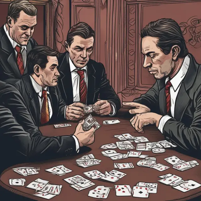 Banks exchanging nonperforming loans at a poker table with investors, symbolizing both the risks and potential gains.