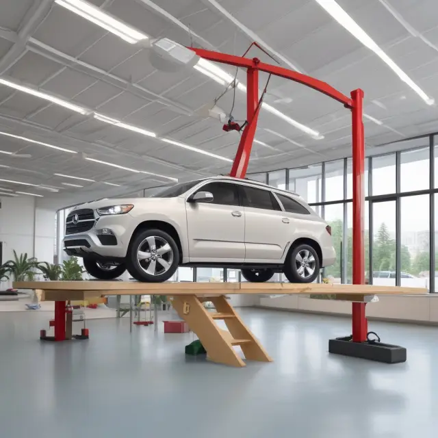 Car dealership scene with a giant seesaw illustrating the balance between lender risks and borrower rewards in non-recourse auto loans