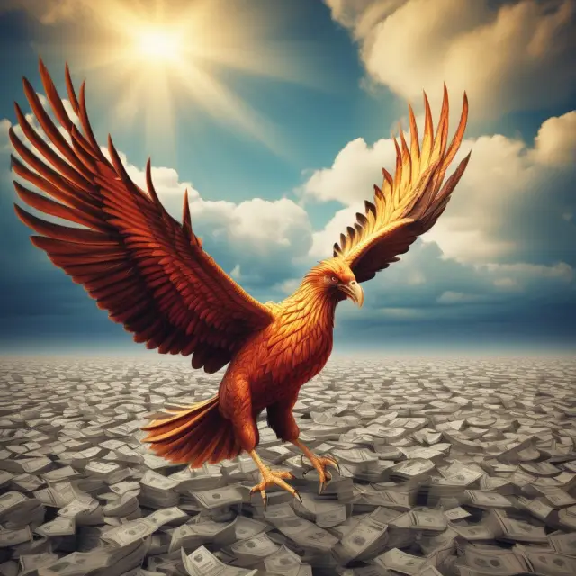 A mythical phoenix, representing creditworthiness and strong finances, takes flight above mountains of financial records, illustrating the eligibility criteria for non-recourse loans.