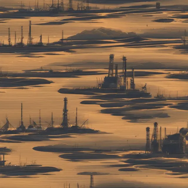 Oil rig, fracking site, coal mine, and uranium mine depicted in an image representing the extraction of nonrenewable resources and their environmental challenges.