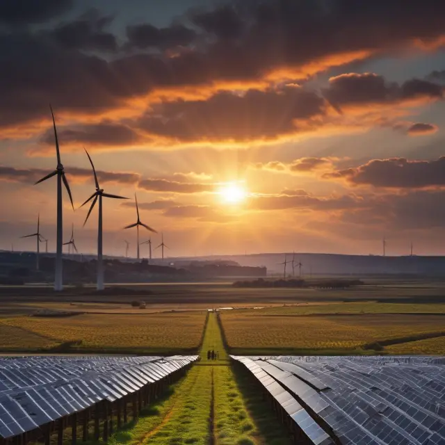 An image of a setting sun, symbolizing nonrenewables, being replaced by a bustling solar farm and wind turbines representing renewable energy