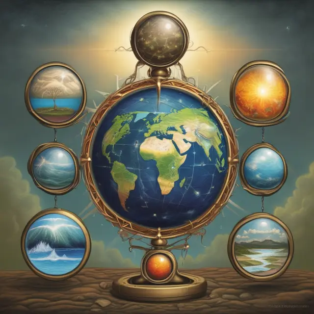 Earth holding solar, wind, water, geothermal, and biomass orbs, representing renewable energy sources