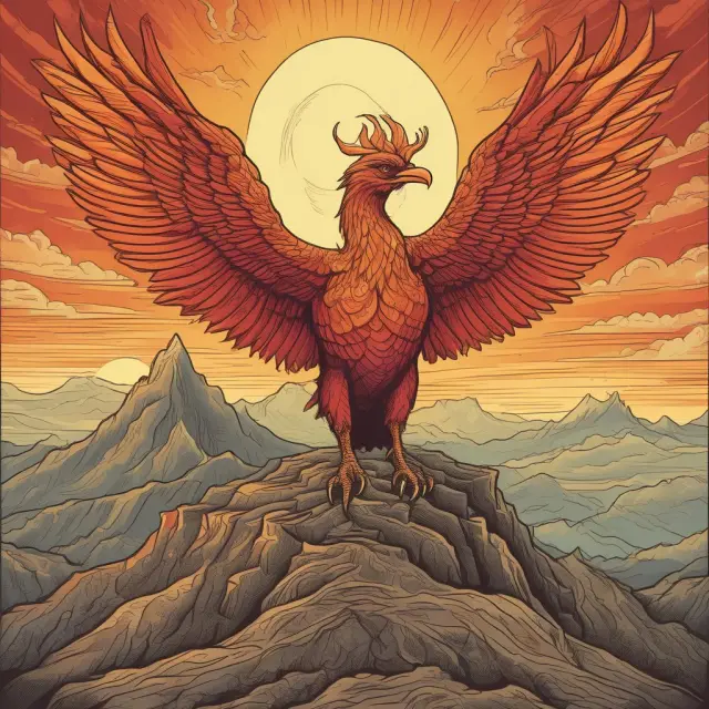 An image of an ancient phoenix rising majestically from a mountain of nonrenewable resources, illustrating the economic transformation towards renewable alternatives