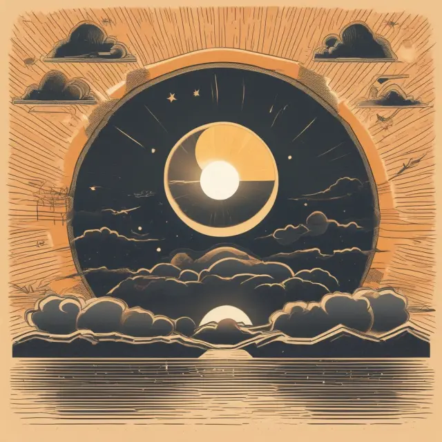 Solar eclipse symbolizing nonrenewable resource decline and a rising sun representing renewable resources