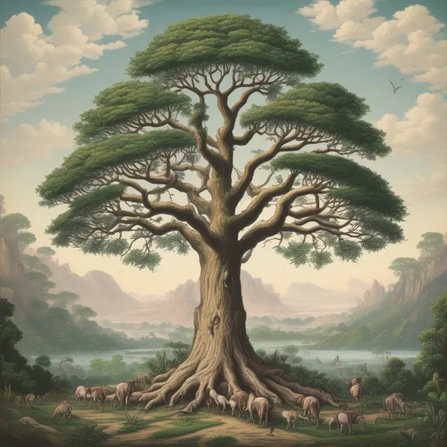 An ailing tree representing the Earth, surrounded by a sky filled with carbon emission bubbles, emphasizing environmental destruction and climate change consequences