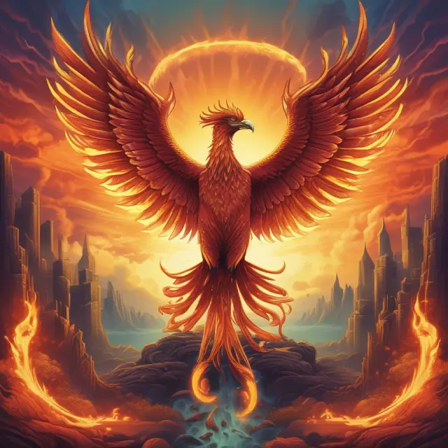 Image of a mythical phoenix emerging from a pile of fossil fuels, representing the transition to renewable energy