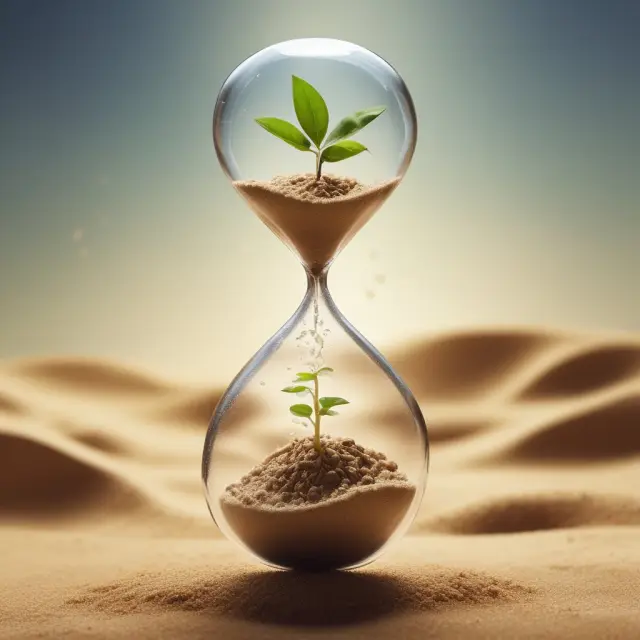 Hourglass of nonrenewable resources with oil droplets and sands signifying depletion; a seedling sprouting symbolizes renewables