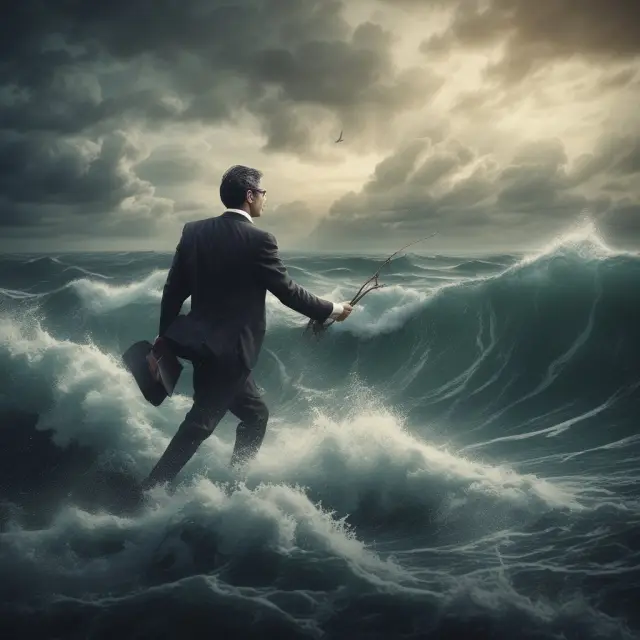 An investor on a ship in a stormy sea, trying to balance the risk of share dilution from non-renounceable rights issues against unfavorable market conditions