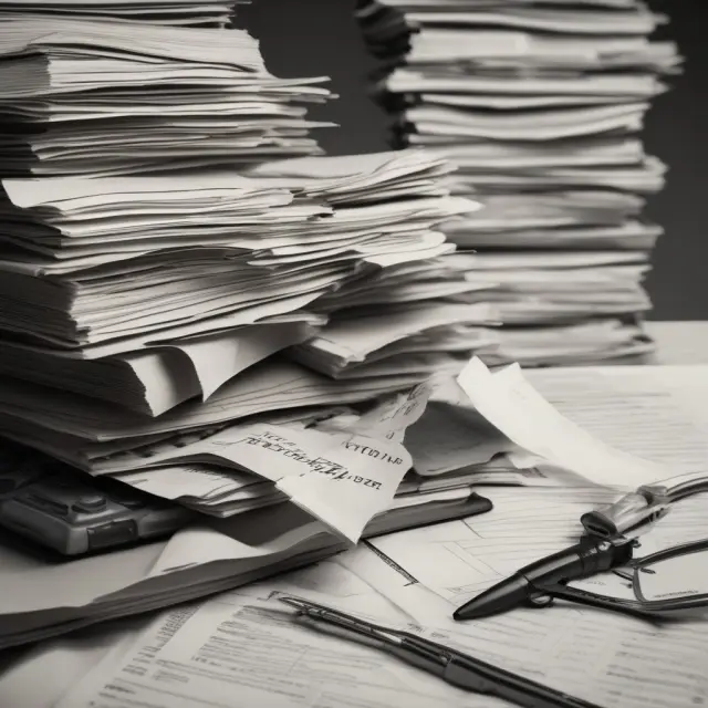 An image of disorganized tax papers piling up on a digital scale, symbolizing the financial burden and consequences for nonresident aliens who fail to file on time