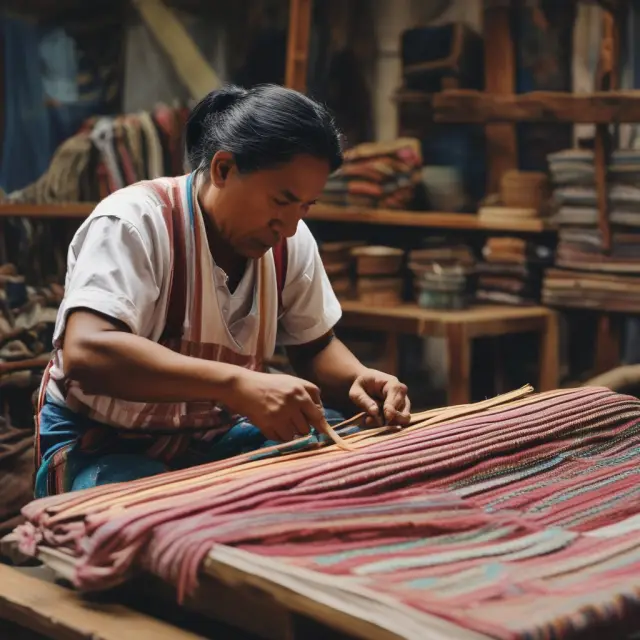 Craftsmen weaving quotas into a fabric representing international trade