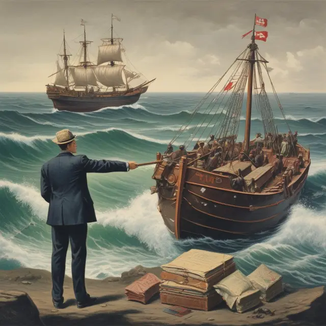An official in a boat wielding a large anchor blocks ships laden with goods from reaching the targeted nation