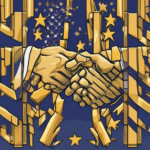 Golden handshake symbolizing EU-US agreement on voluntary export restraints for steel, with quotas forming around steel bars