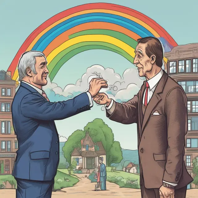 A shareholder happily holding rainbow-colored stocks, while the taxman looks on