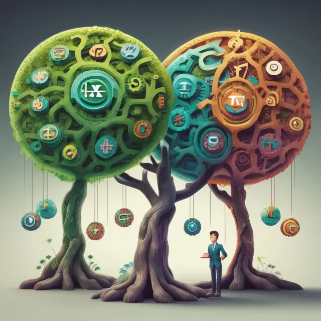 Image of two trees: one decorated with net income symbols and taxes, the other with gears representing operational efficiency (NOPAT)