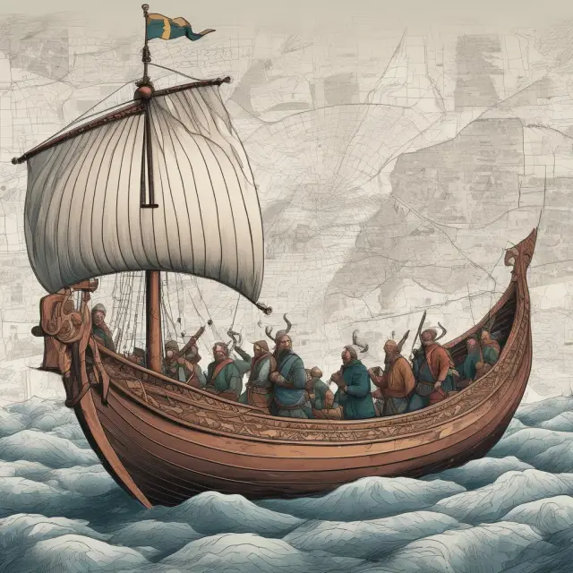 Viking ship navigates economic charts with an immigrant wielding the rudder, symbolizing Nordic Model