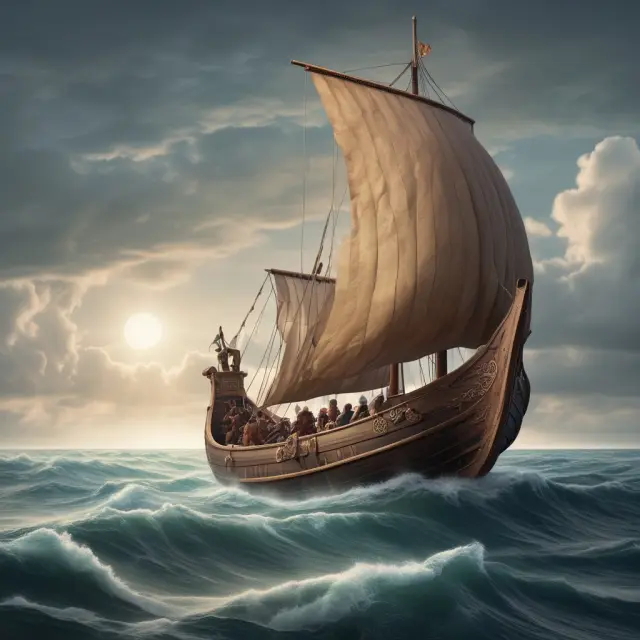 A Viking ship carrying social services and human knowledge sails towards an island symbolizing progress, reflecting the Nordic model