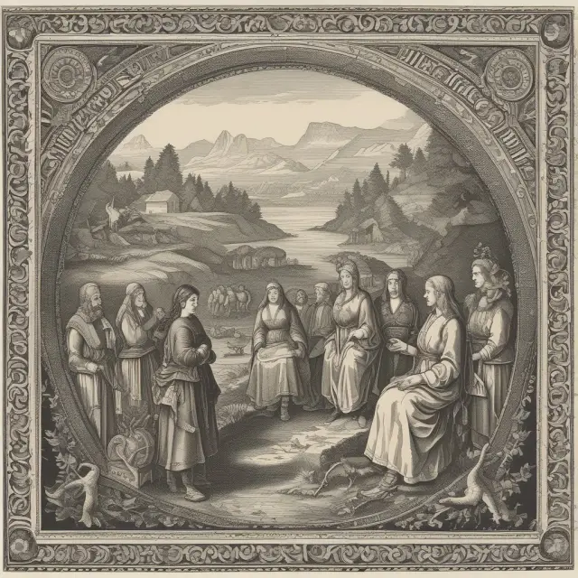 An intricate tapestry symbolizing Nordic cultures, with historical events and societal values intertwined to form the foundation of their distinctive social contract.