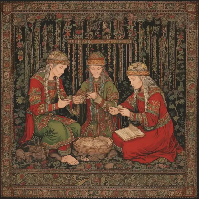Elves skillfully weaving a vibrant tapestry illustrating the harmonious blend of Nordic workforce participation strategies and generous welfare benefits