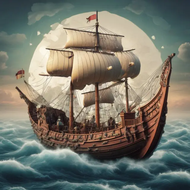 Nordic Vikings sailing through a sea of interconnected globes, representing their adaptability in the face of globalization