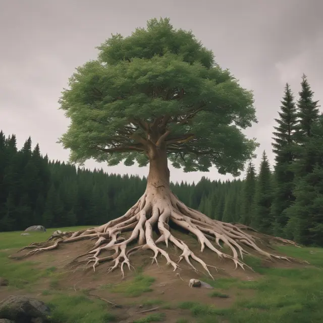 An aging Nordic tree with new, green shoots representing an evolving society addressing challenges through renewable energy and innovative solutions for sustainable growth