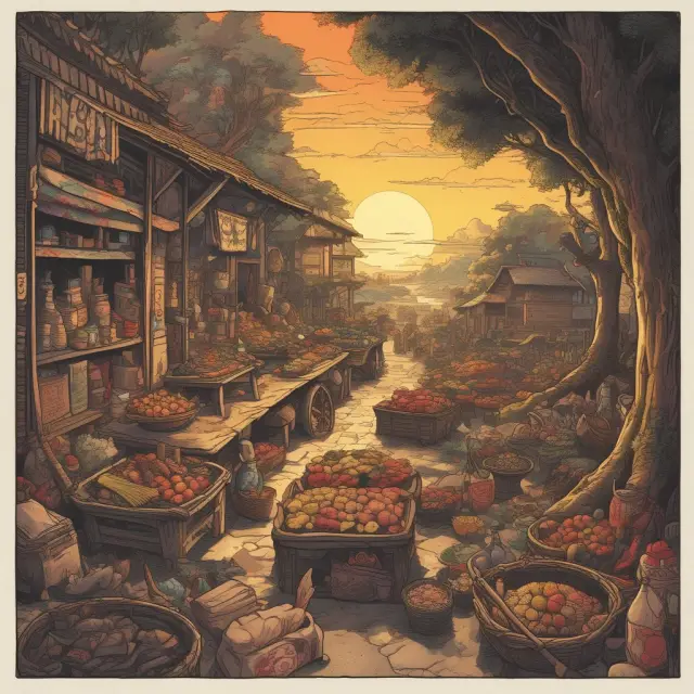 Golden sun representing income growth causes expansion of essential goods like food, clothing, shelter, and transportation on a table.