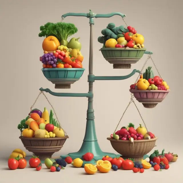 Scale tilting towards abundant fruits and vegetables, representing growing demand for normal goods with income increase