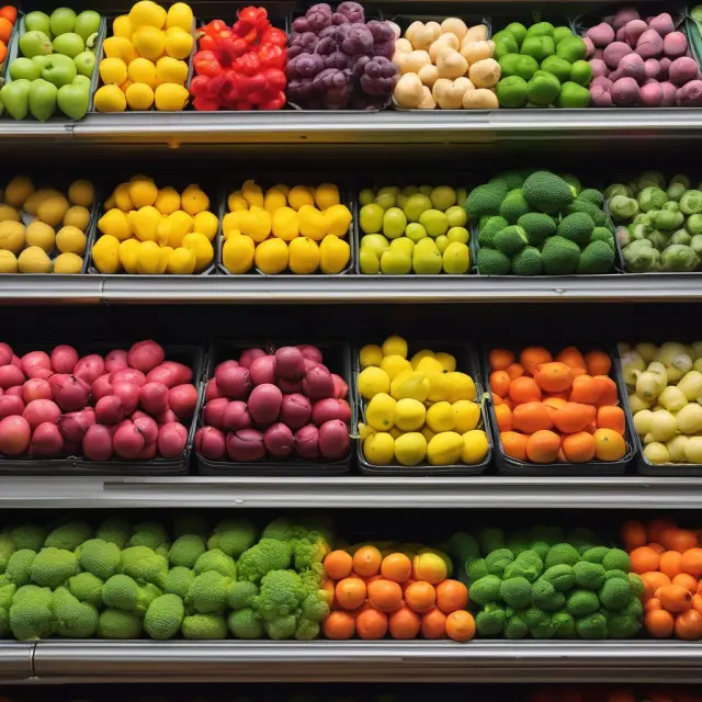 Groceries withering on supermarket shelves, symbolizing decreased consumer spending on normal goods during a recession