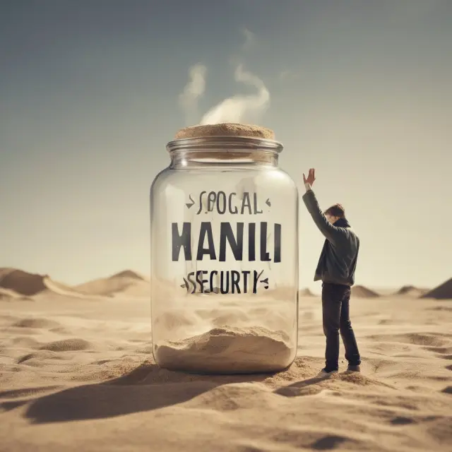An empty jar signifies a depleted Social Security Trust Fund with a time bomb symbolizing solvency concerns, while the hands of an hourglass represent the impact on full retirement age.