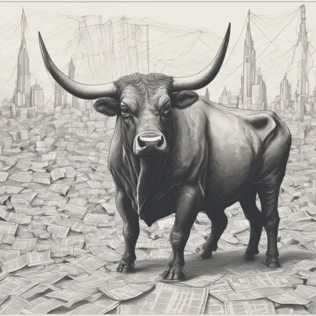 Image of an economic bull standing on top of a mountain of financial charts, symbolizing surplus profits