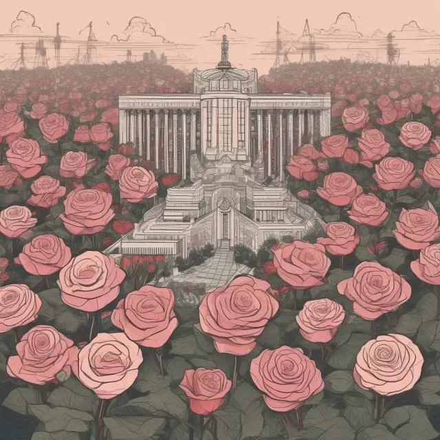 A serene garden with roses symbolizing diverse industries and sectors (manufacturing, science, HR, insurance, marketing) blooming around a central normal distribution