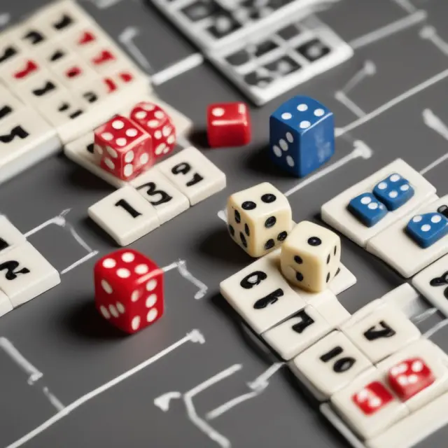 A metaphorical image of dice (normal distribution) and dominos (alternative tests) representing financial data analyses