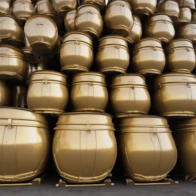 A scene of golden barrels representing light sweet crude oils on an oil rig. These precious commodities are essential for refining valuable products in the oil industry.