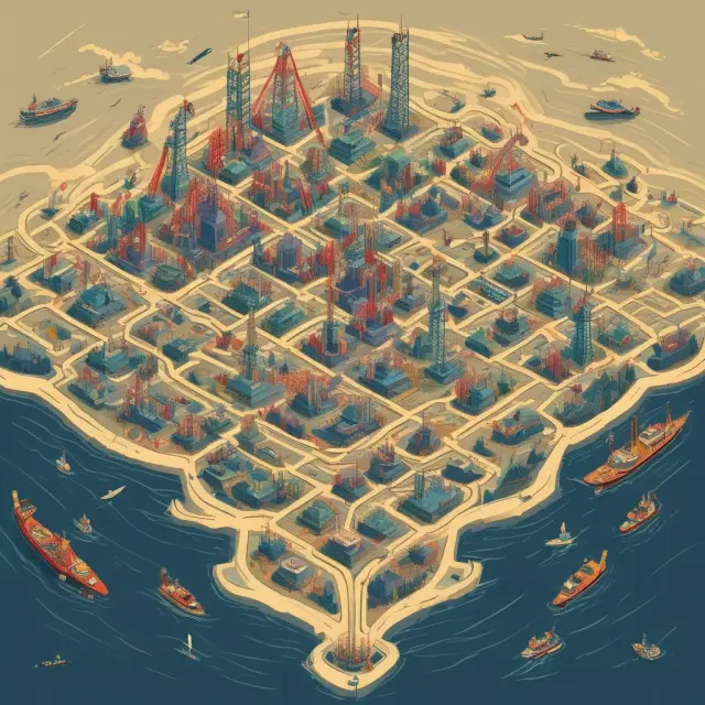 An image of a lighthouse (North Star) guiding an intricate maze of oil rigs and refineries, symbolizing North Sea Brent Crude Oil