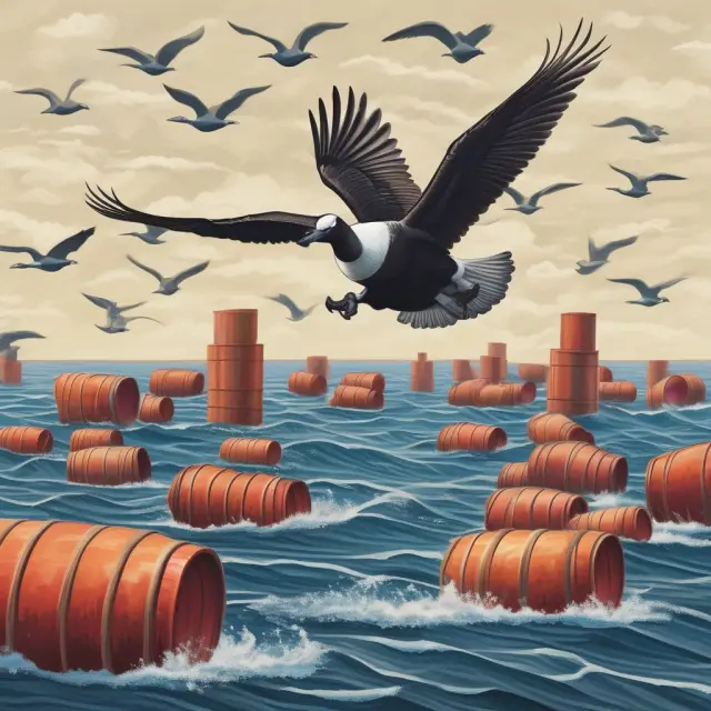 Brent goose soaring over a body of water filled with oil barrels, representing the North Sea