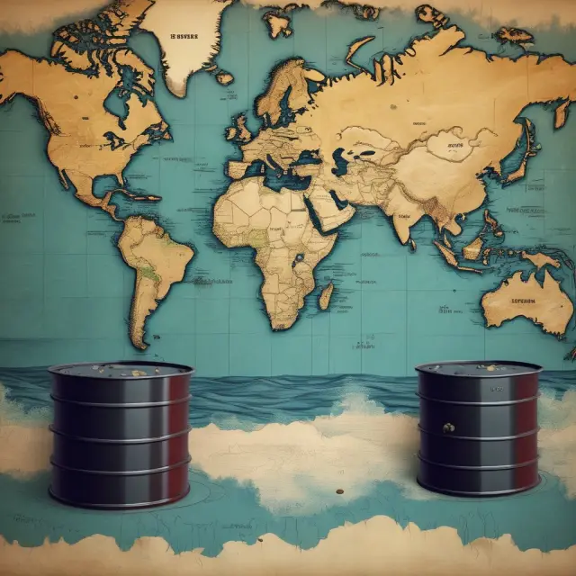 An oil barrel sitting on a global map surrounded by shifting geopolitical plates, with a stormy sea representing price volatility due to supply, demand, and weather factors.